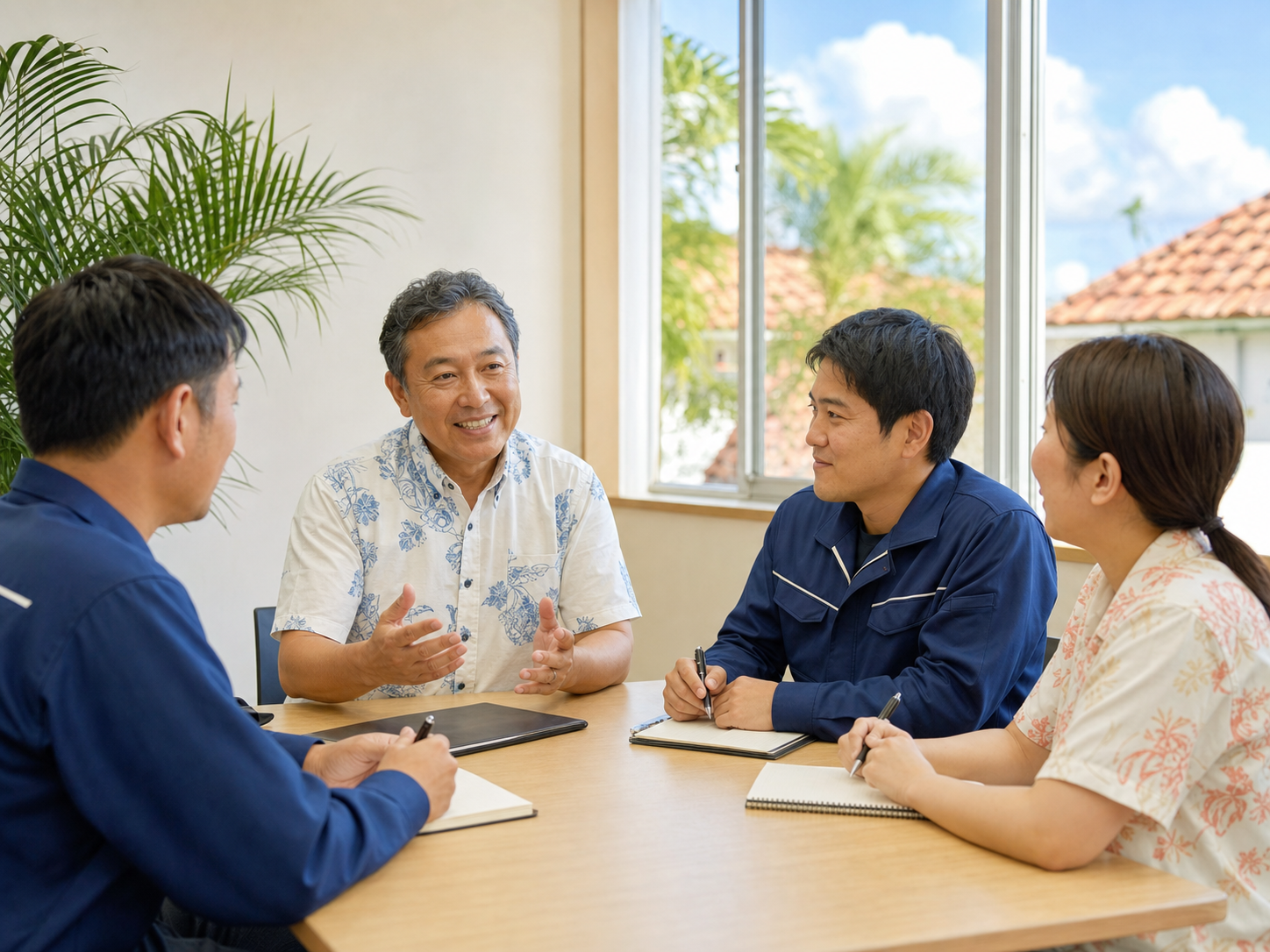 社長と社員がテーブルを囲んで語り合うミーティングの様子